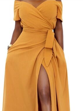 Off Shoulder Wrap Maxi Dress in Mustard with Front Slit